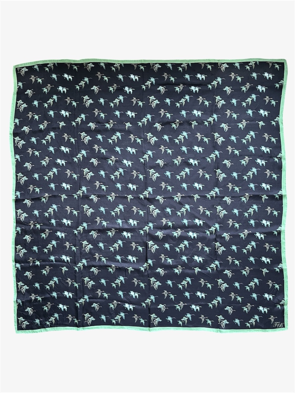 Ted Baker Square Black Scarf with Green Bird Print and Lime Trim